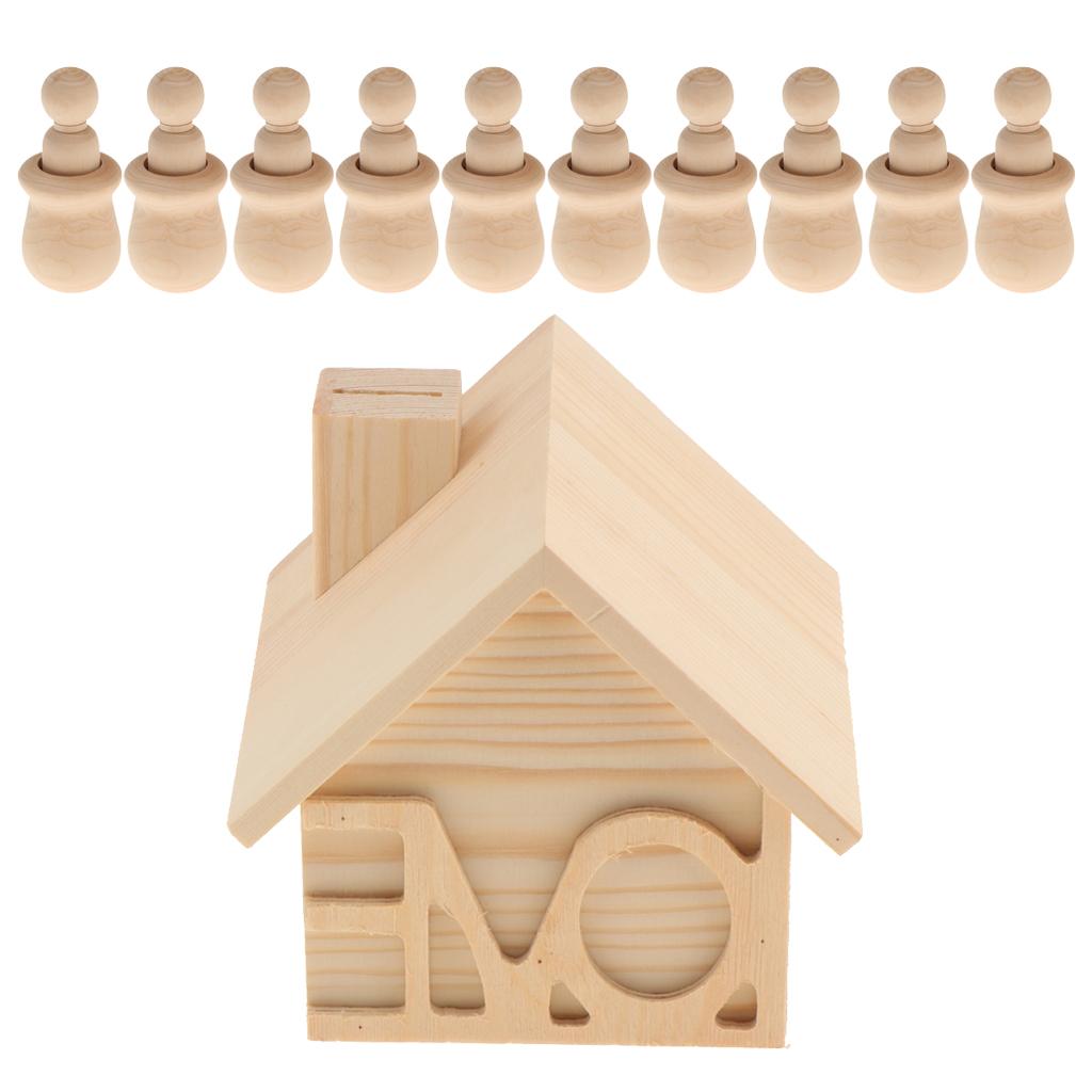 10 Pieces Unpainted Peg People Dolls + Wood House Money Bank Box DIY Toys