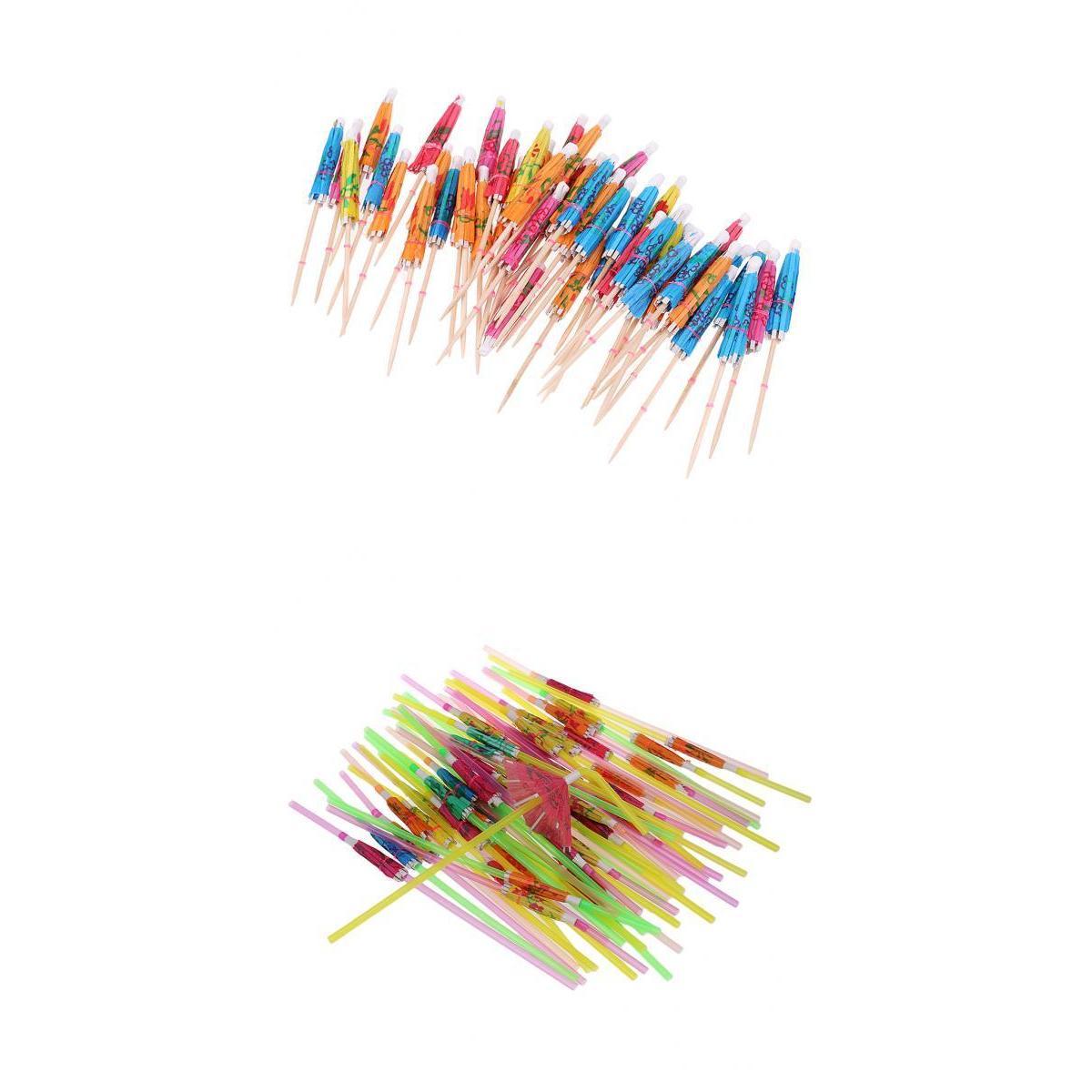 50x Colorfu Parasol Umbrella Food Picks+ 50x Drinking Straws Tropical Party