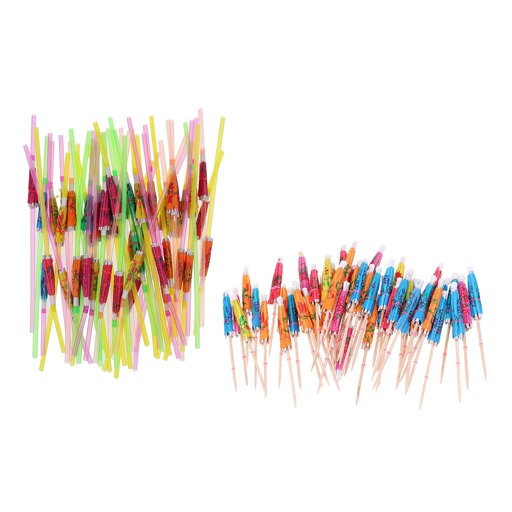 50x Colorfu Parasol Umbrella Food Picks+ 50x Drinking Straws Tropical Party