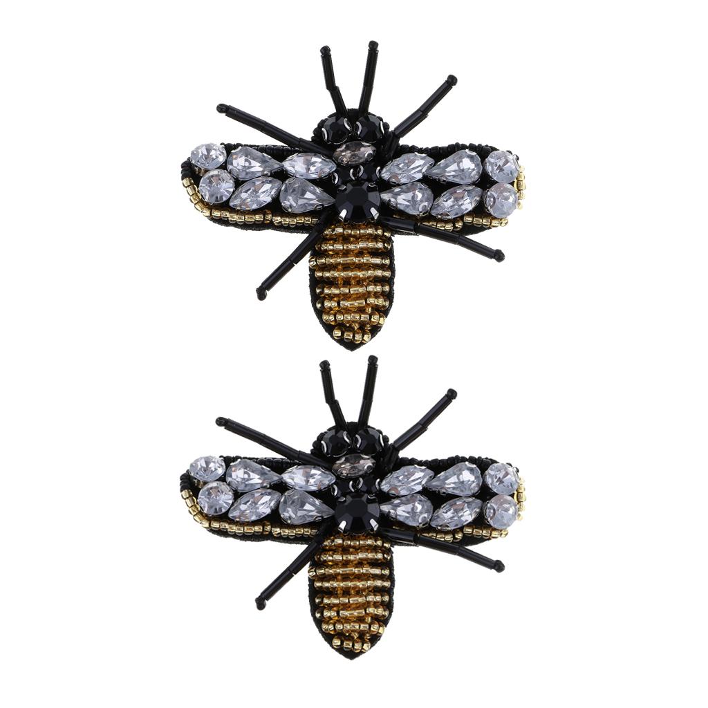 2pcs Bee Sequins Rhinestones Beaded Patches Sew on Patch Appliques Decor