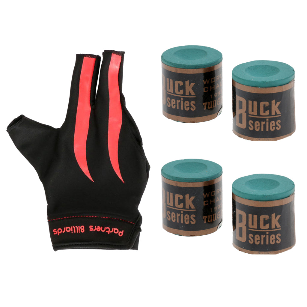 3-Finger Fingerless Right Hand Billiard Glove with 4 Pieces Pool Cue Chalk