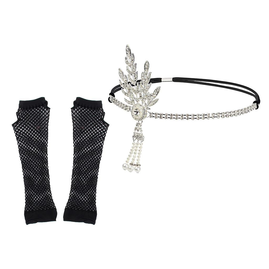 1920s Gatsby Rhinestone Headband & Fingerless Fishnet Gloves Set Wedding