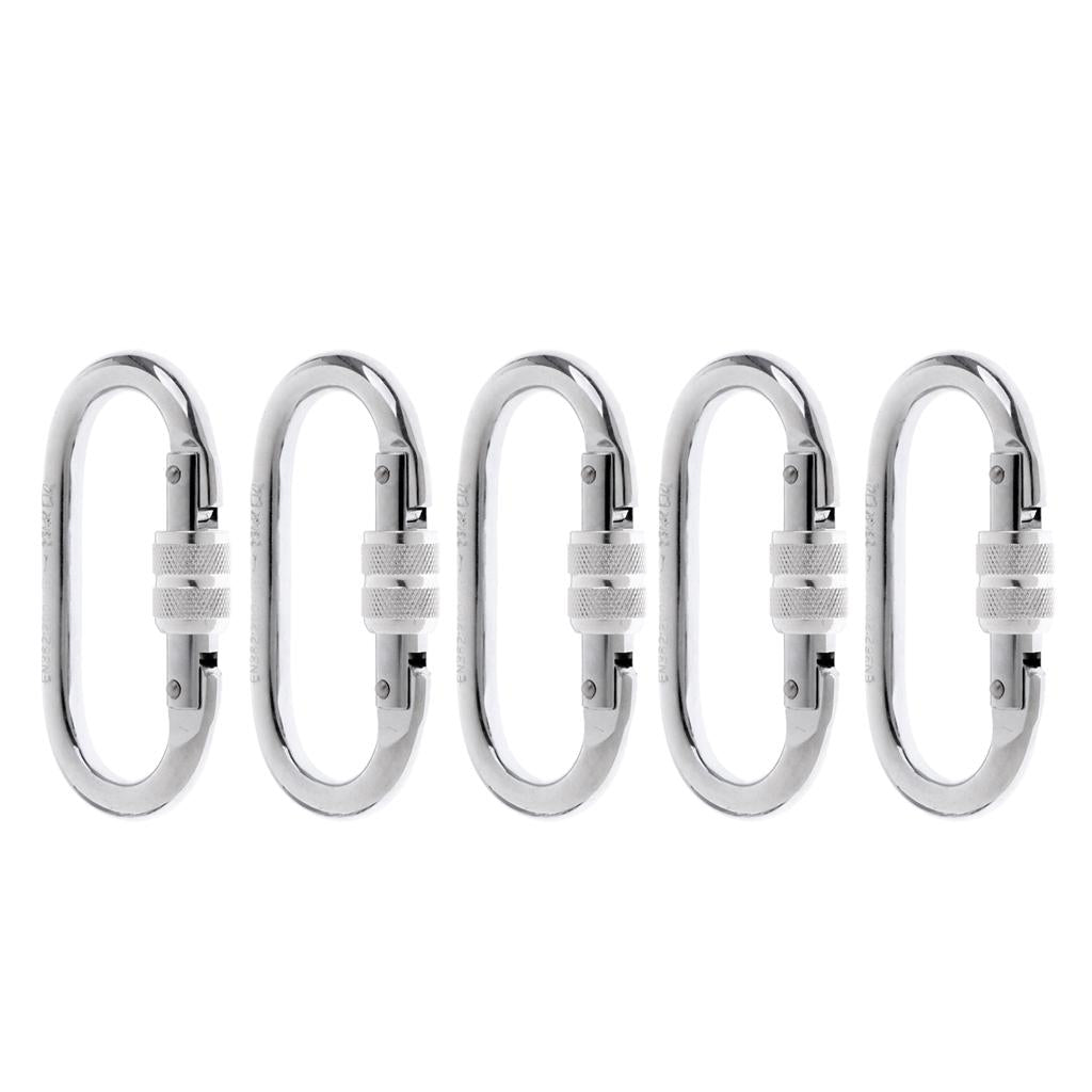 5 Piece 25KN Oval Carbon Steel Screw Lock Carabiner for Rock Climbing Silver