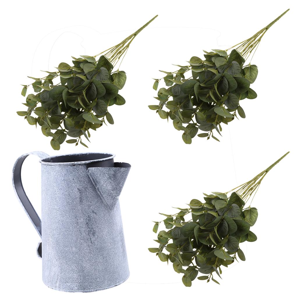 3 Pieces 15 Heads Artificial Eucalyptus Leaves + Metal Flower Bucket Jug