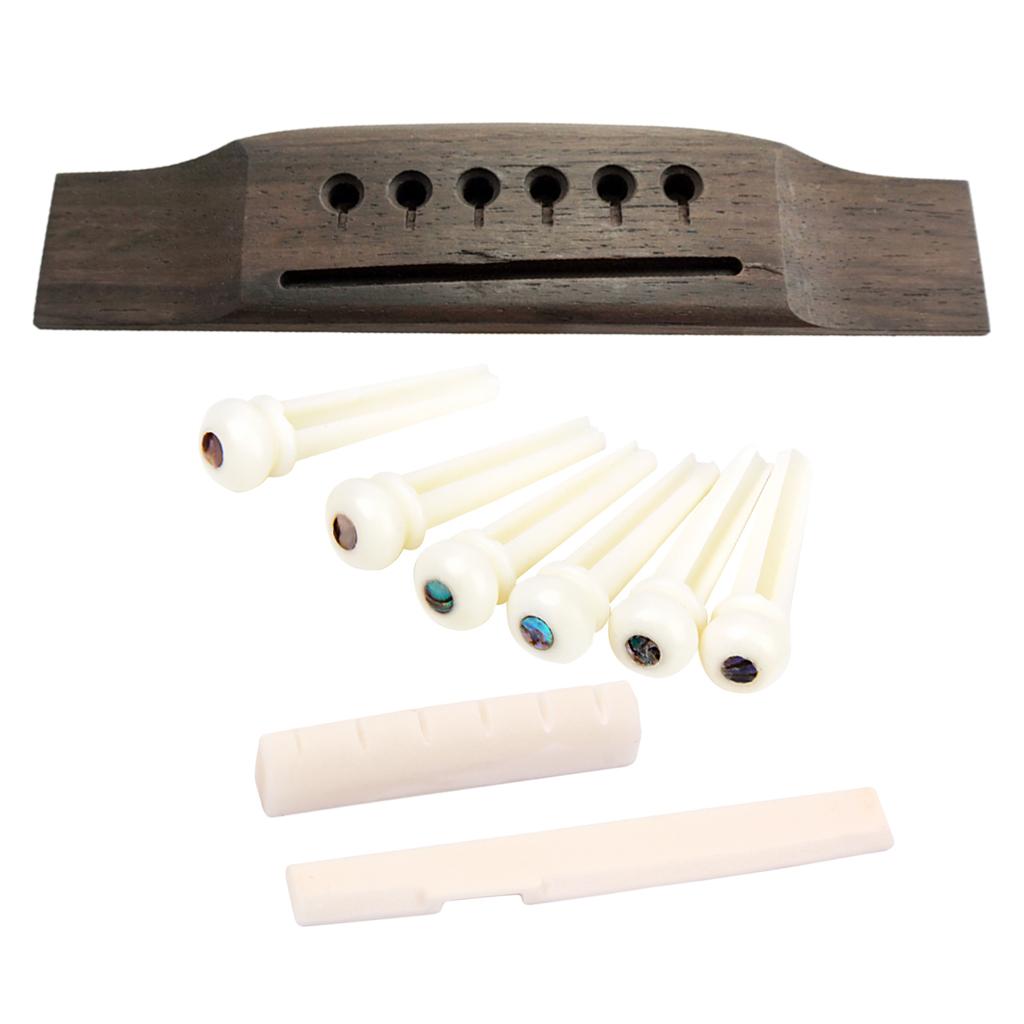 6 String Acoustic Guitar Bone Saddle Nut Bridge Pins with Rosewood Bridge