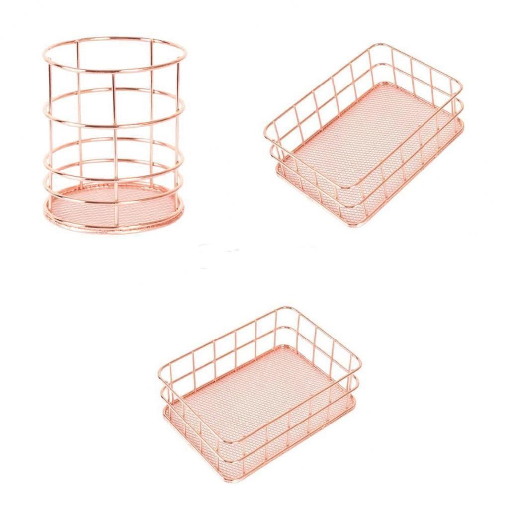 3 Pieces Rose Gold Metal Table Top Storage Basket Pen Holder Organizer Set