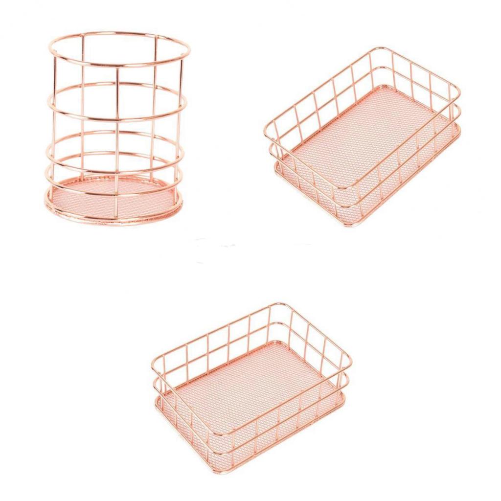 3 Pieces Rose Gold Metal Table Top Storage Basket Pen Holder Organizer Set