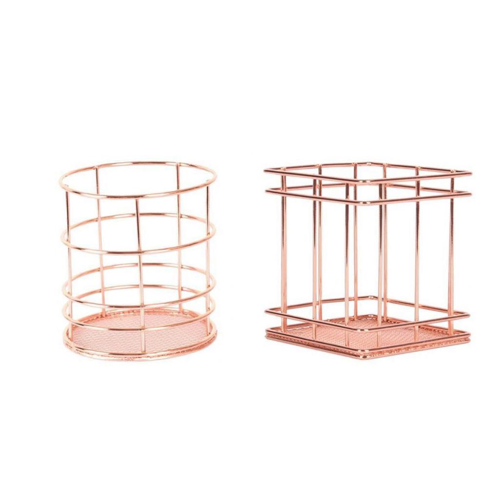 2 Pieces Rose Gold Metal Table Top Storage Basket Pen Holder Organizer Set