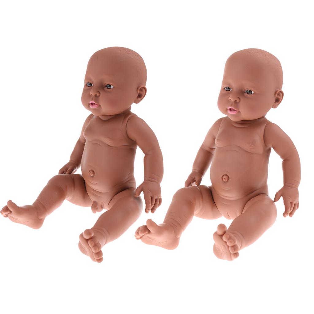 2 Pieces 41CM Vinyl Nude Newborn Baby Doll Pretend Play- African Boy & Girl