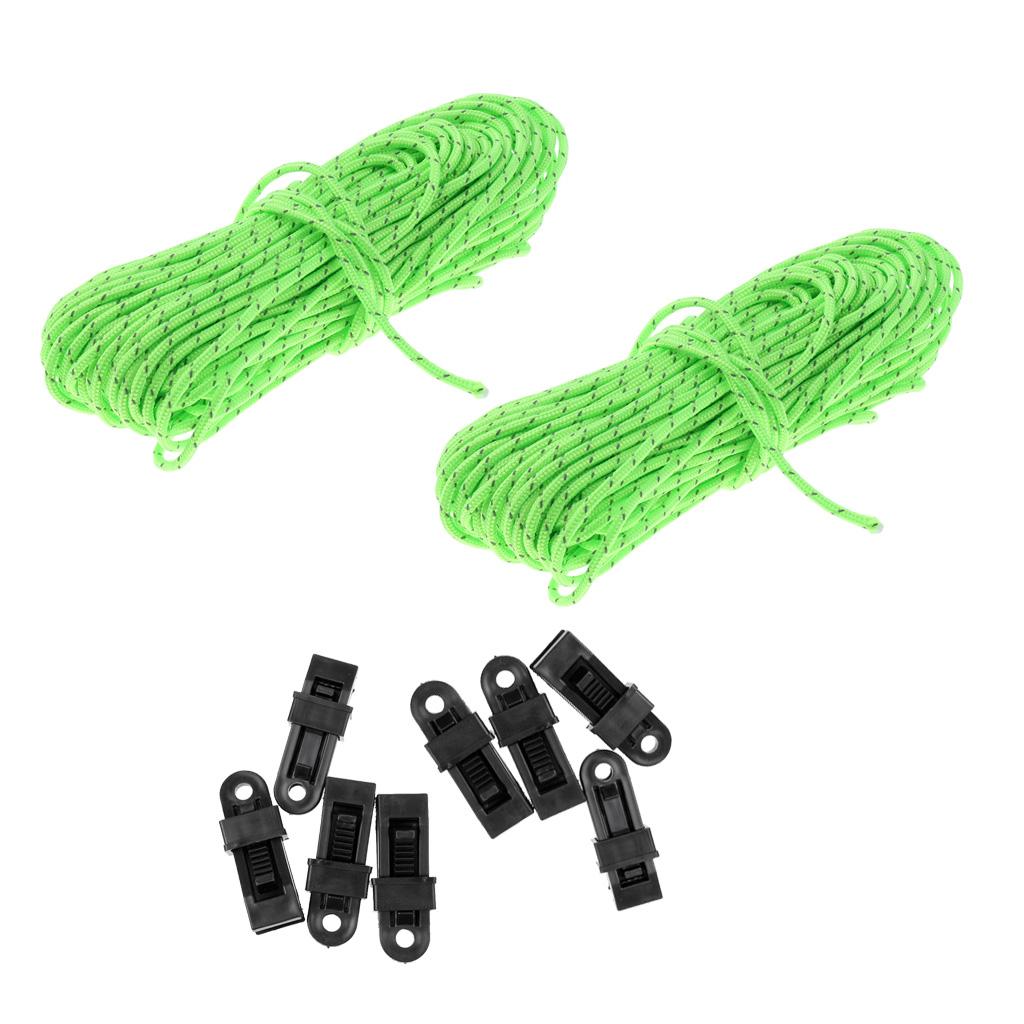 2 Pack 2.5mm Camping Tent Reflective Guyline Rope Paracord with 8 Tarp Clips
