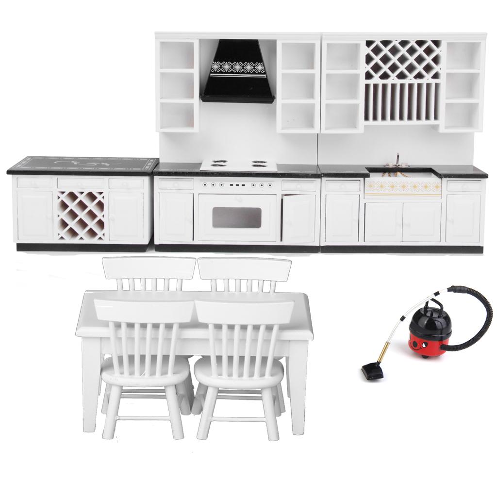 3 Sets 1/12 Dollhouse Miniature Wooden Kitchen Cabinet Table Chair Cleaner