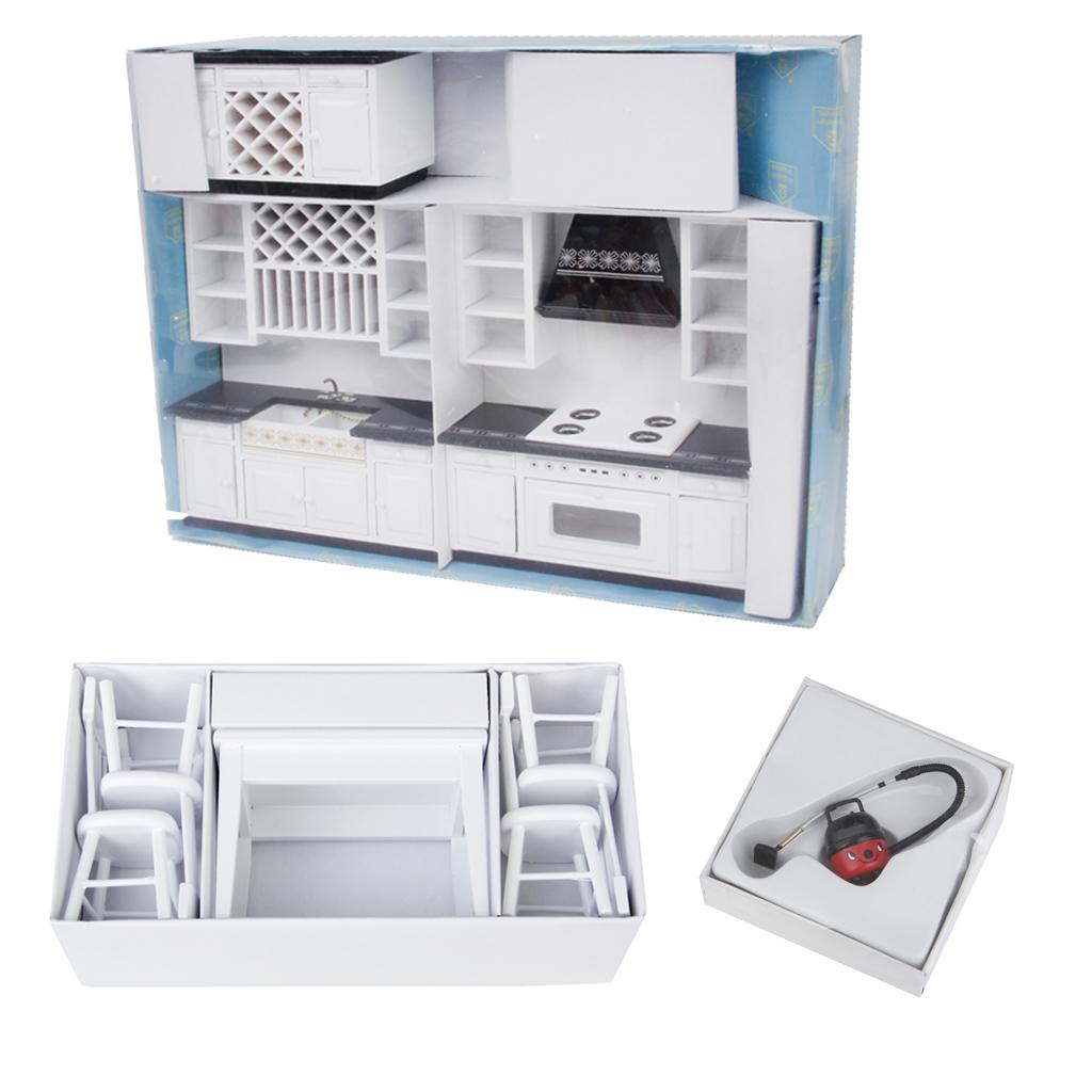3 Sets 1/12 Dollhouse Miniature Wooden Kitchen Cabinet Table Chair Cleaner