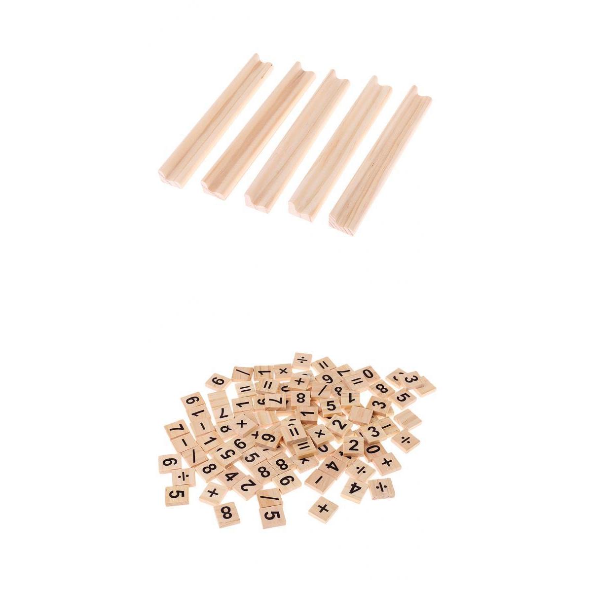 100 Pieces Wooden Number and Symbol Tiles with Wooden Tile Racks Wood Crafts