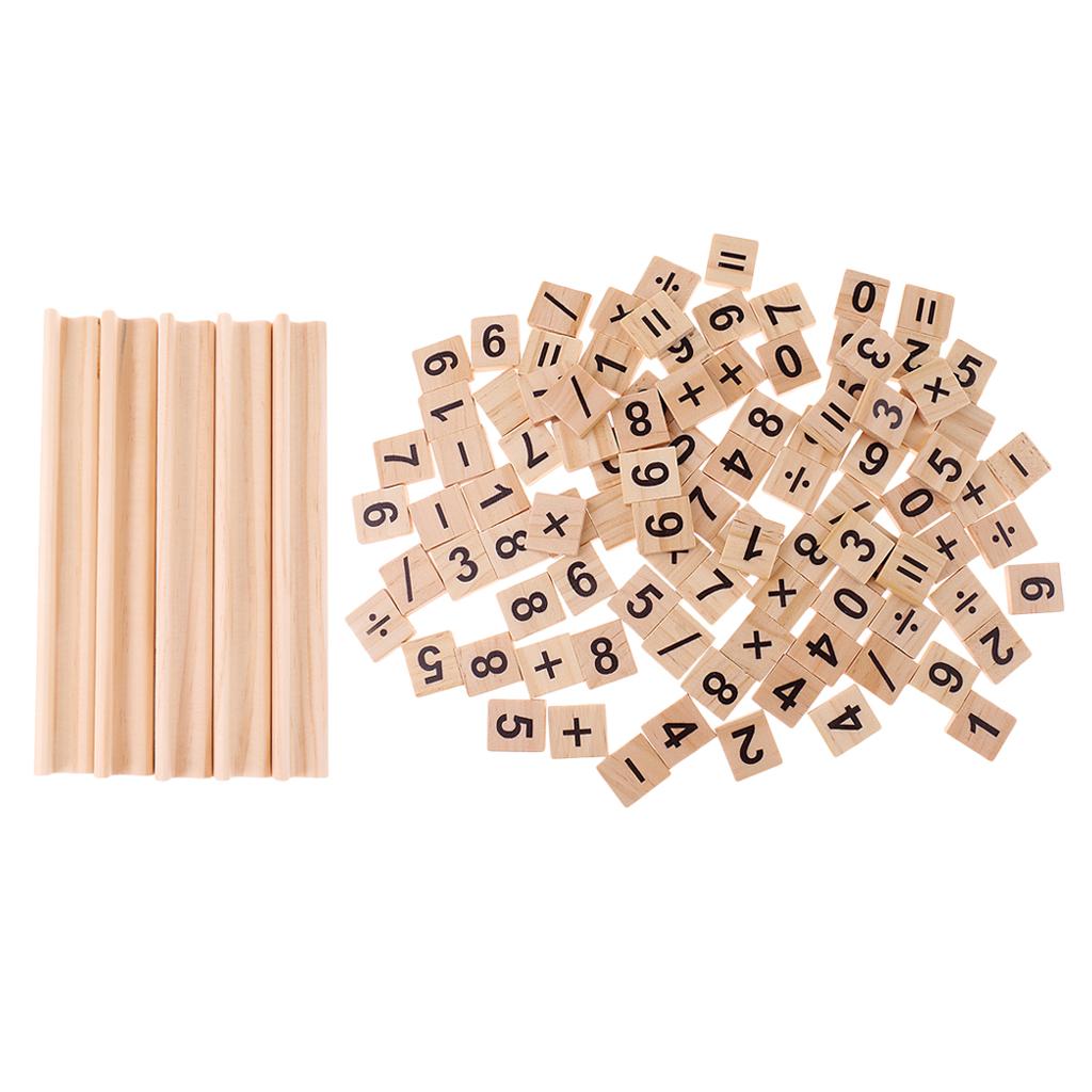 100 Pieces Wooden Number and Symbol Tiles with Wooden Tile Racks Wood Crafts