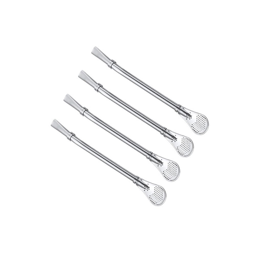 4 Pcs Drinking Filtered Straw Spoon Strainer Infuser 15.7cm Silver Bareware