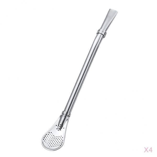 4 Pcs Drinking Filtered Straw Spoon Strainer Infuser 15.7cm Silver Bareware