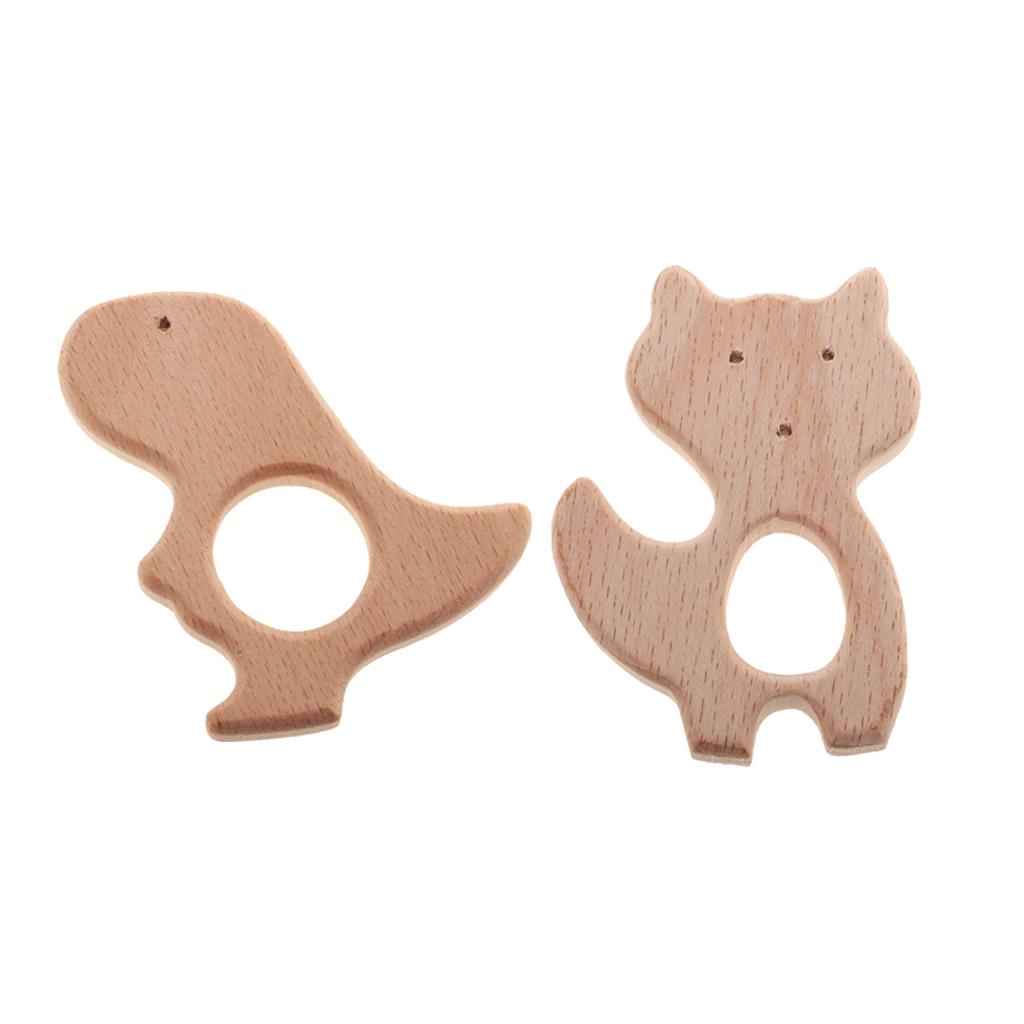 2 Pieces Dinosaur Shape Natural Wooden Baby Teether Teething Toy Gifts