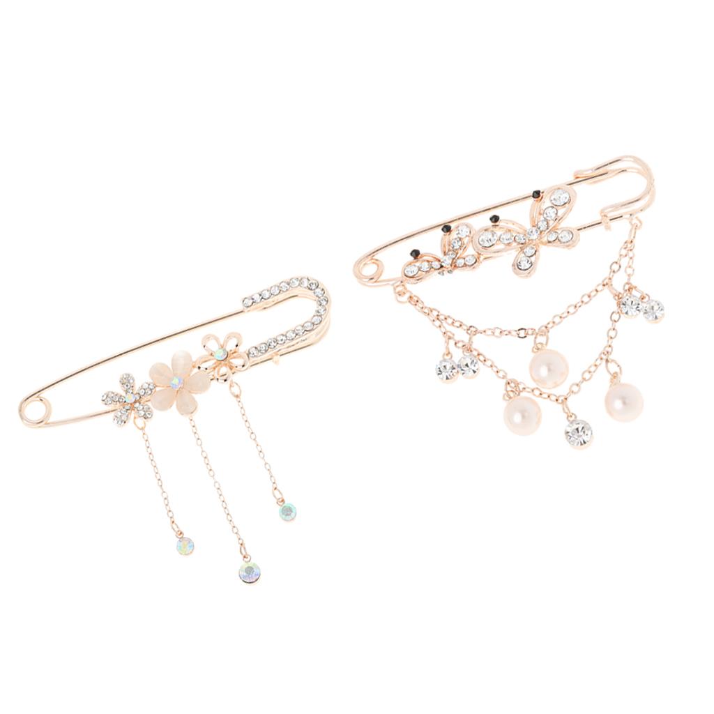 2pcs Safety Pin Glitter Rhinestone Butterfly Flower Brooch Pin With Tassel