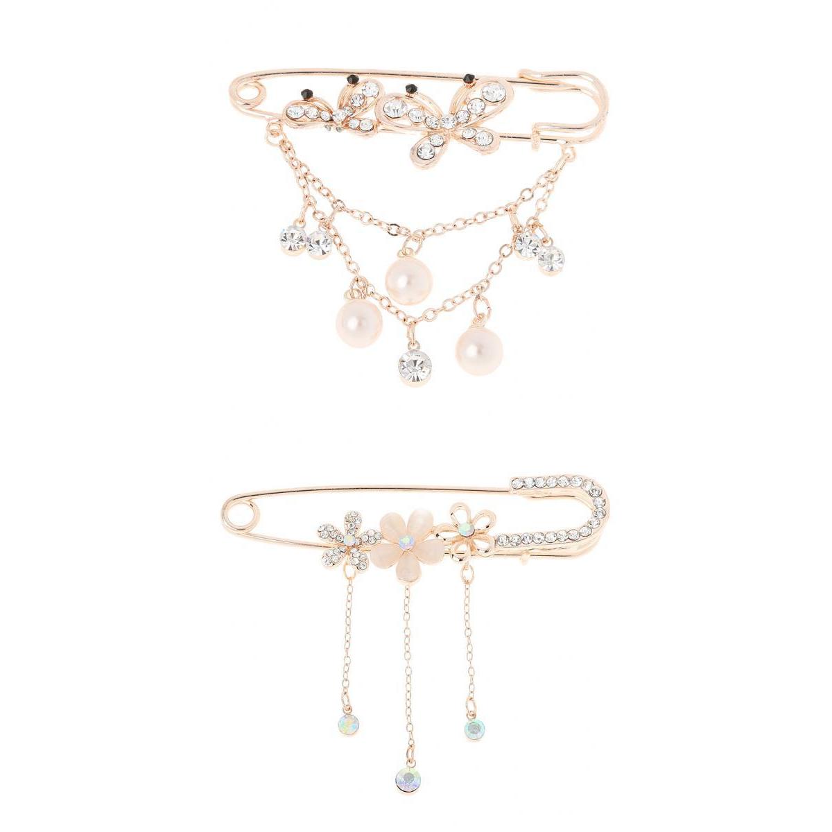 2pcs Safety Pin Glitter Rhinestone Butterfly Flower Brooch Pin With Tassel