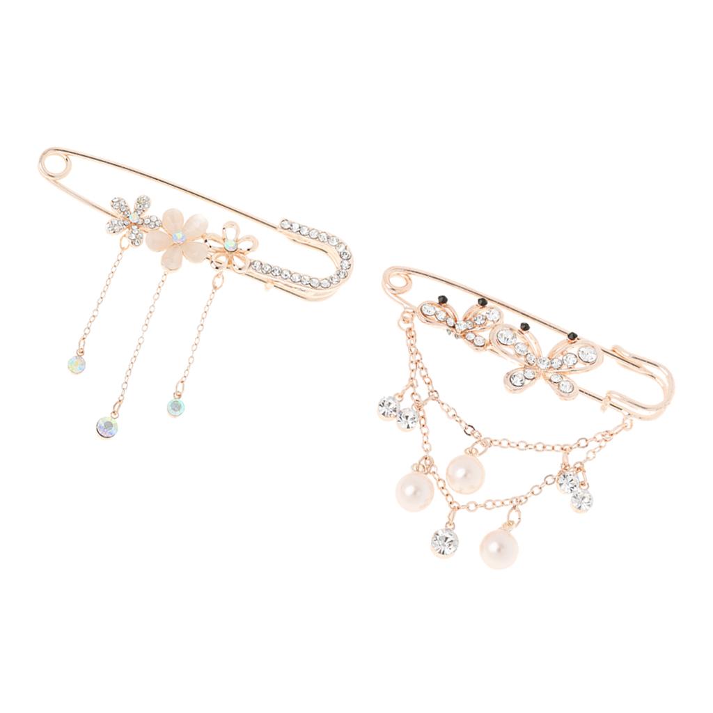 2pcs Safety Pin Glitter Rhinestone Butterfly Flower Brooch Pin With Tassel