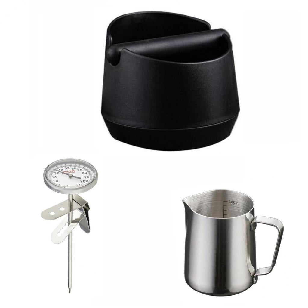 350ml Stainless Coffee Frothing Jug with Scale + Thermometer + Knock Box