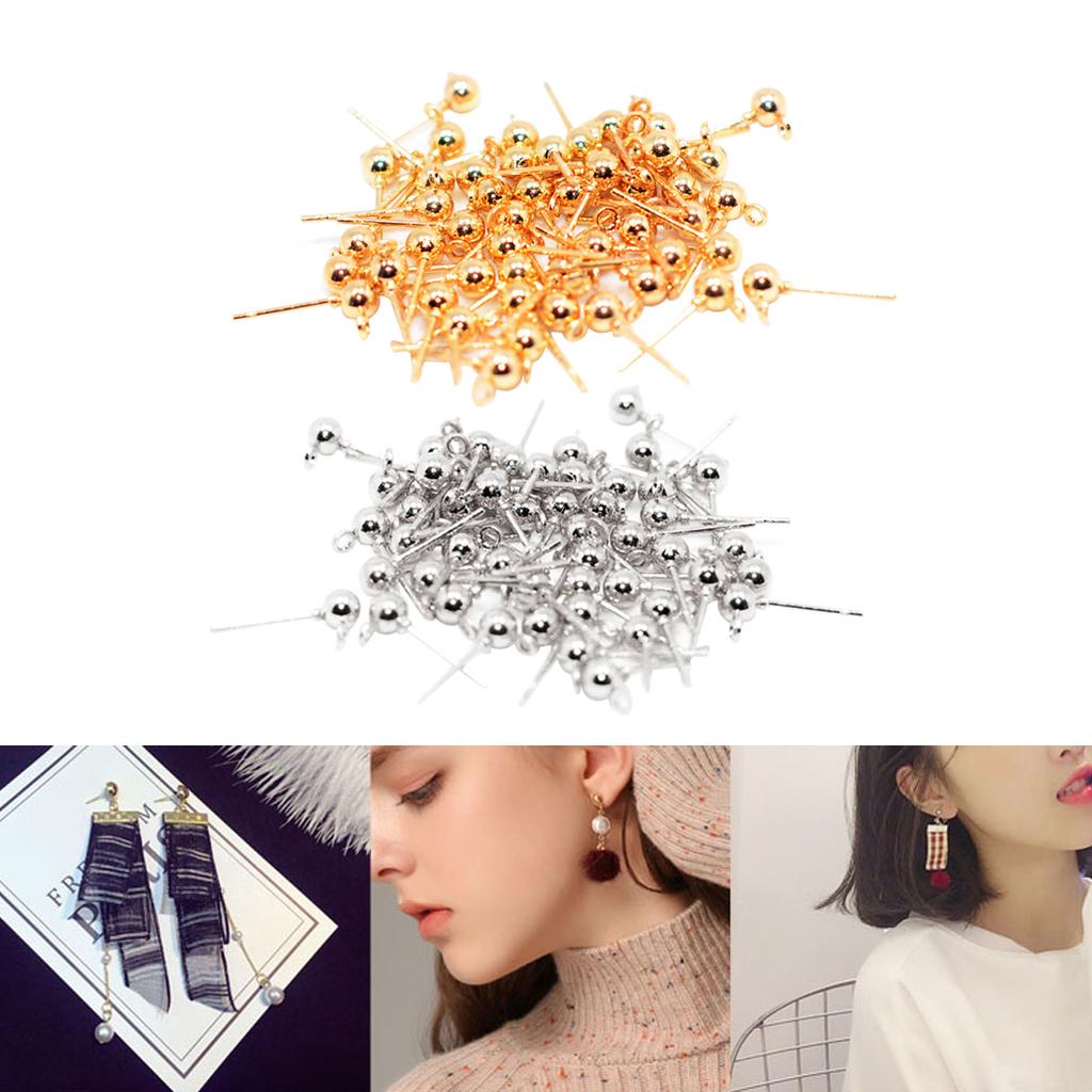 100pcs Ear Pin Studs Solid Ball Post with Loop Earring Findings DIY Craft