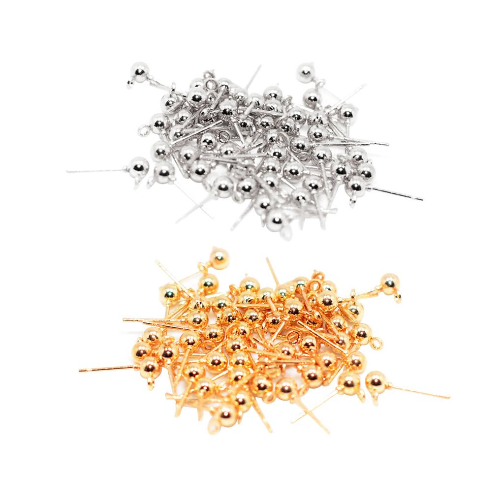 100pcs Ear Pin Studs Solid Ball Post with Loop Earring Findings DIY Craft