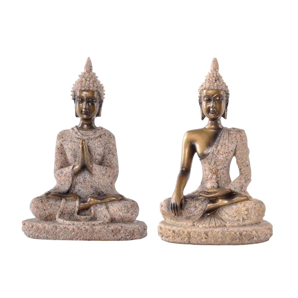 2 Pieces The Sandstone Joss Buddha Statue Sculpture Hand Carved Figurine