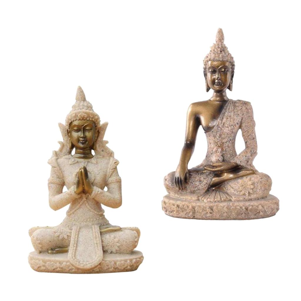 2 Pieces The Sandstone Buddha Statue Sculpture Hand Carved Figurine