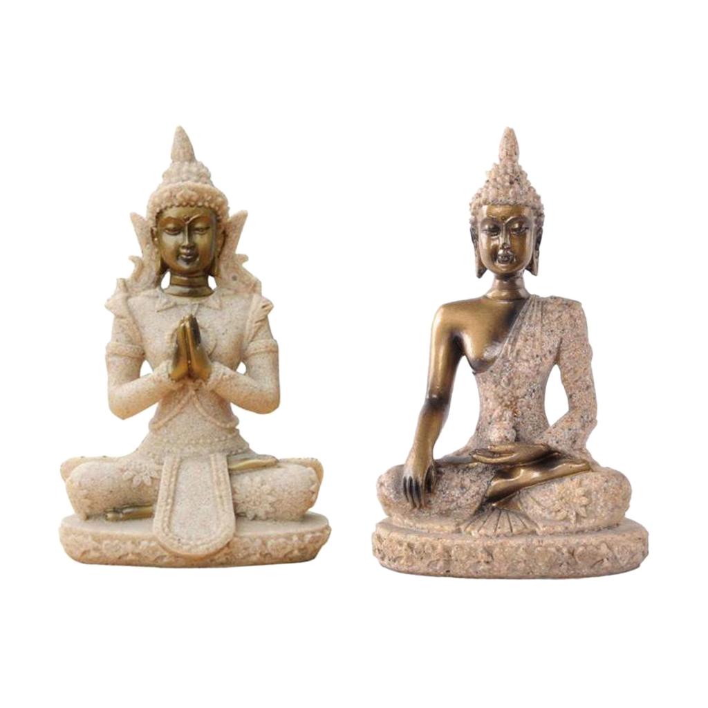 2 Pieces The Sandstone Buddha Statue Sculpture Hand Carved Figurine