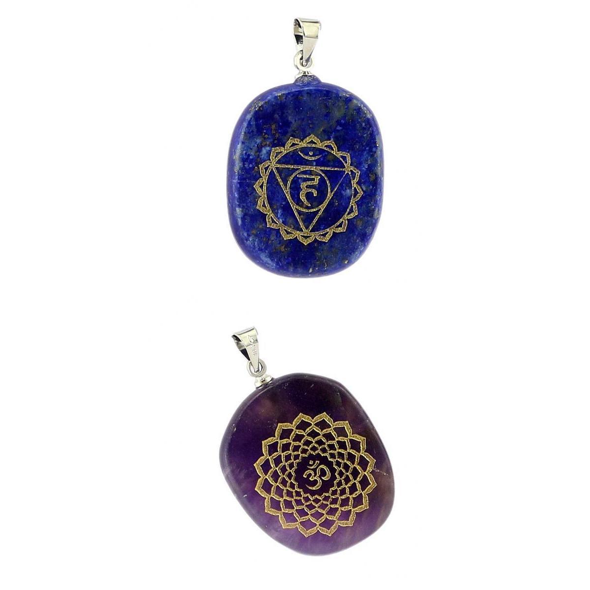 2 Pieces Engraved Reiki Engergy Crystal Pendants Gemstone Palmstone