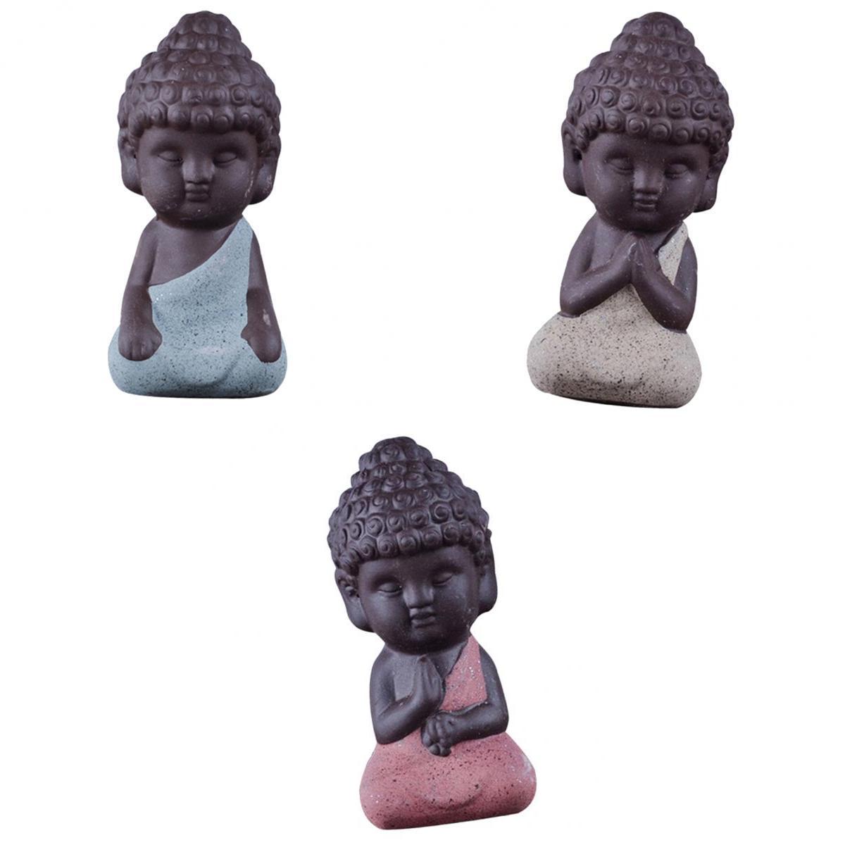 3Pc Little Monk Buddha Ceramic Statues Holder Tea Pet Home Tea Tray Decor
