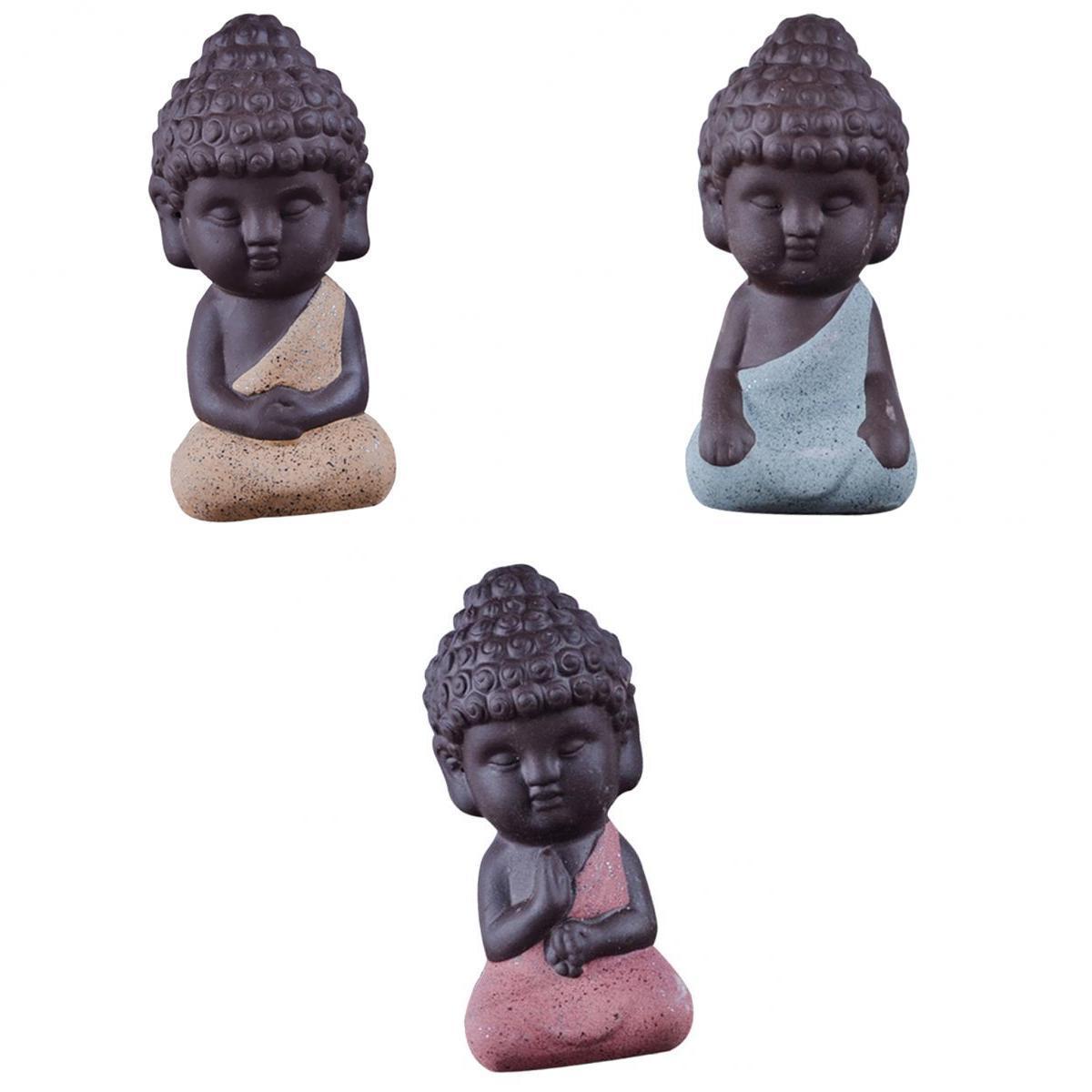 3Pcs Little Monk Buddha Ceramic Statues Holder Tea Pet Home Tea Tray Decor