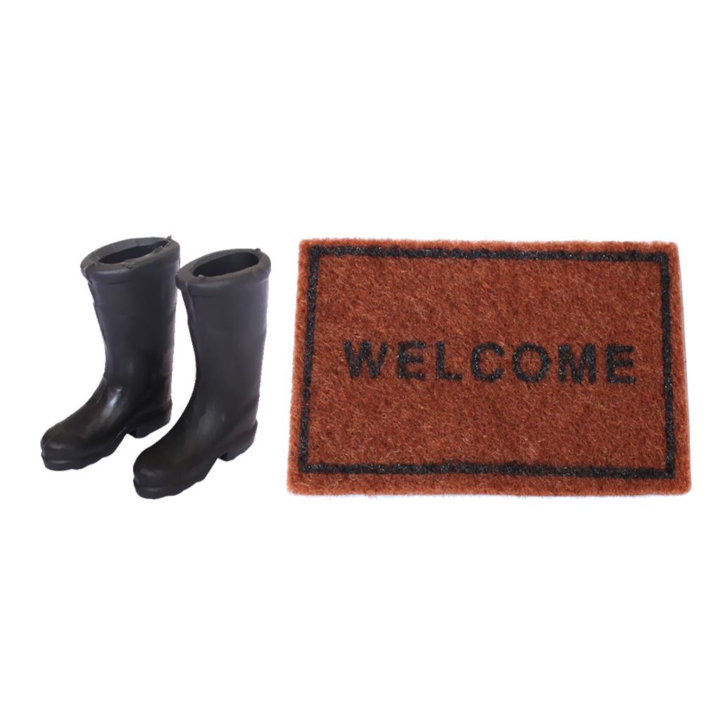1/12 Dollhouse Miniature Rubber Rain Boots +1/12 Scale Brown Floor Rug Cover