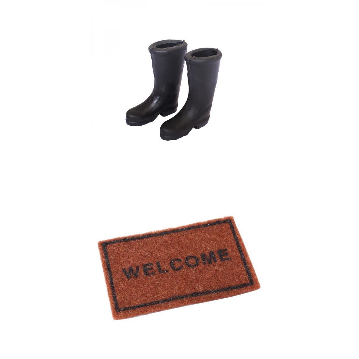 1/12 Dollhouse Miniature Rubber Rain Boots +1/12 Scale Brown Floor Rug Cover