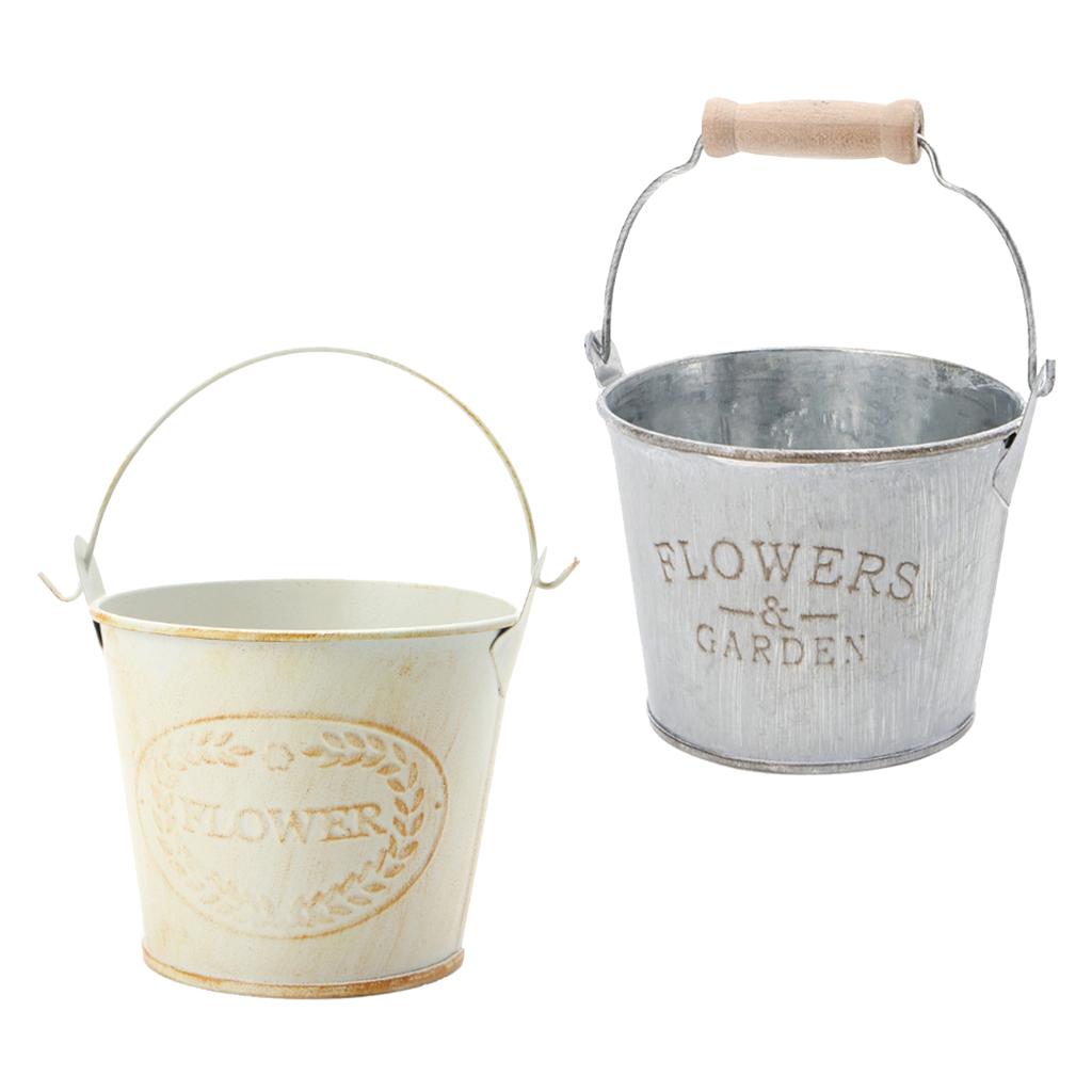 2Pieces Shabby Galvanised Metal Iron Flower Plants Bucket Flower Vase Pot