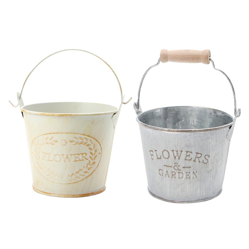 2Pieces Shabby Galvanised Metal Iron Flower Plants Bucket Flower Vase Pot