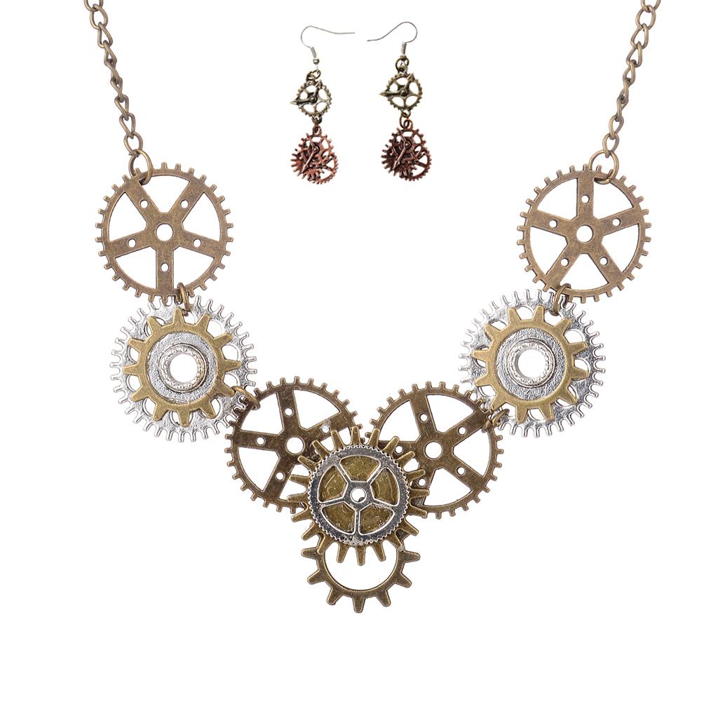 Classic Steampunk Gears Pendant Necklace Gears Dangle Earrings Jewelry Sets