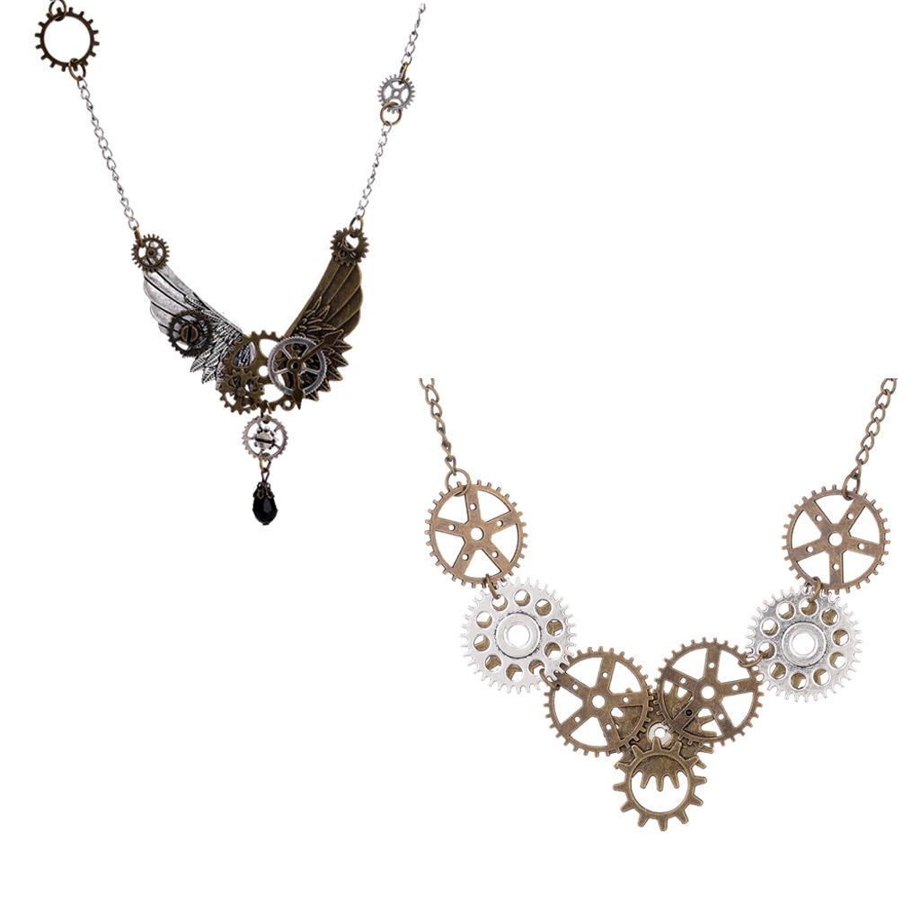2Pcs Steampunk Gears Big Feather Wings Pendant Lot Gears Necklace for Couple