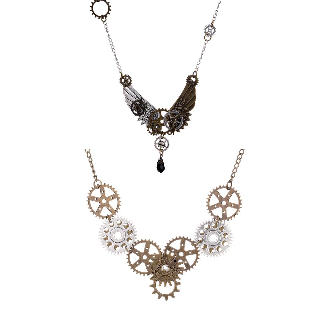 2Pcs Steampunk Gears Big Feather Wings Pendant Lot Gears Necklace for Couple