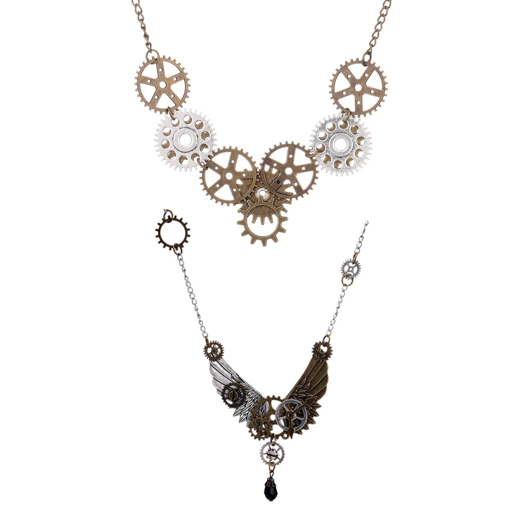 2Pcs Steampunk Gears Big Feather Wings Pendant Lot Gears Necklace for Couple