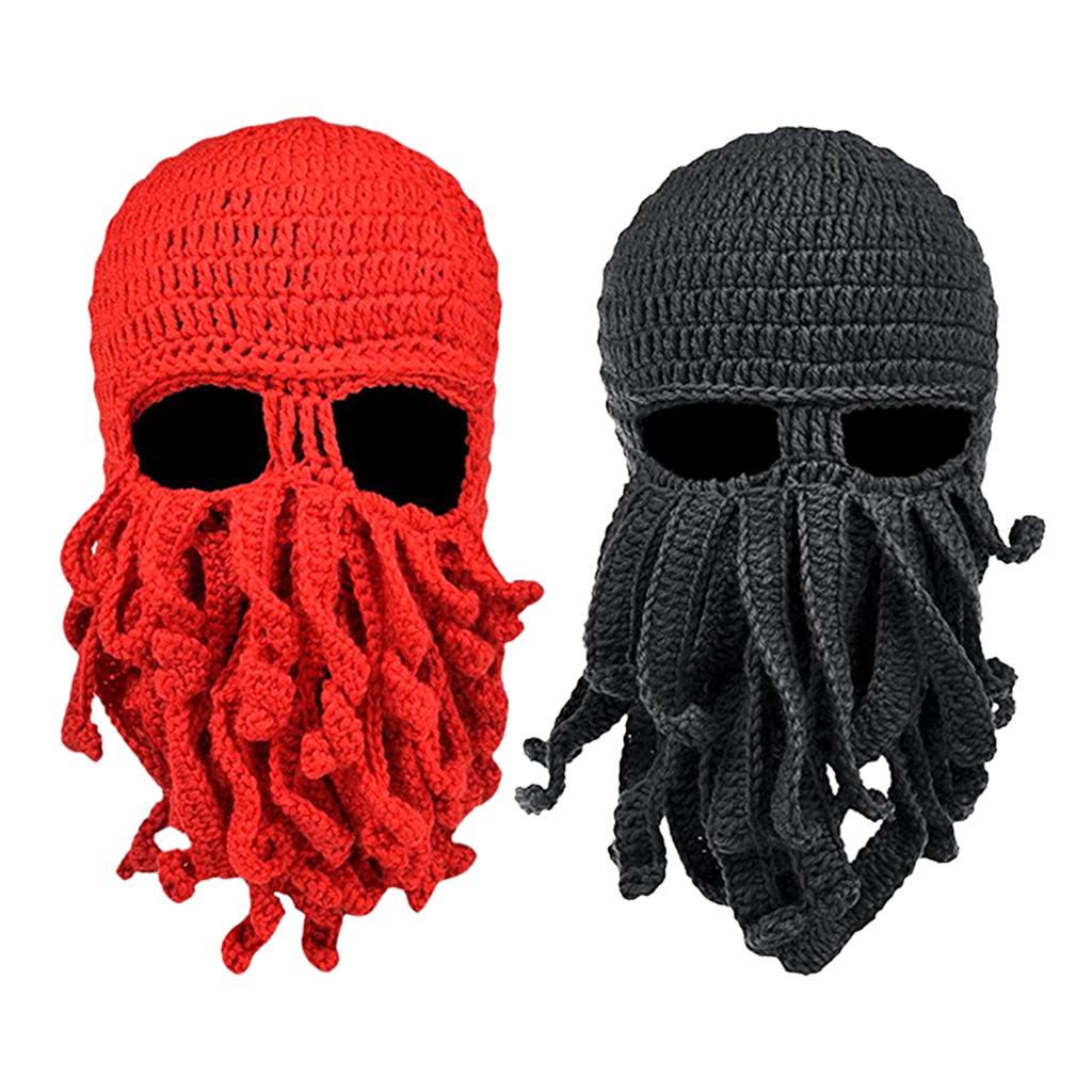2Pcs Unisex Beard Hat Knit Beanie Cap Winter Warm Octopus Hat