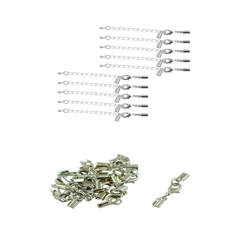 24Pcs Lobster Claw Clasp Crimp Clip Ends Set Silver with Extender Chain