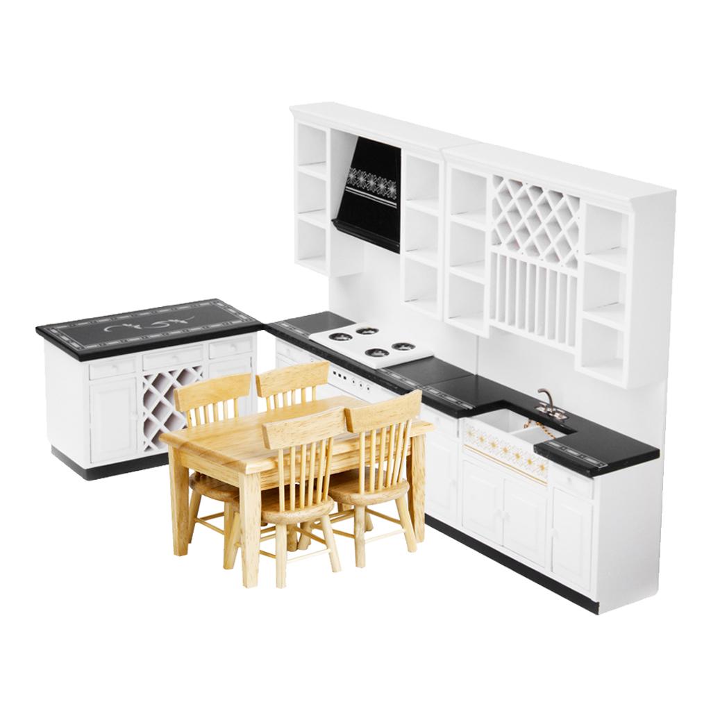 1:12 Dollhouse Miniature Dining Table & Chair + Deluxe Kitchen Furniture Set