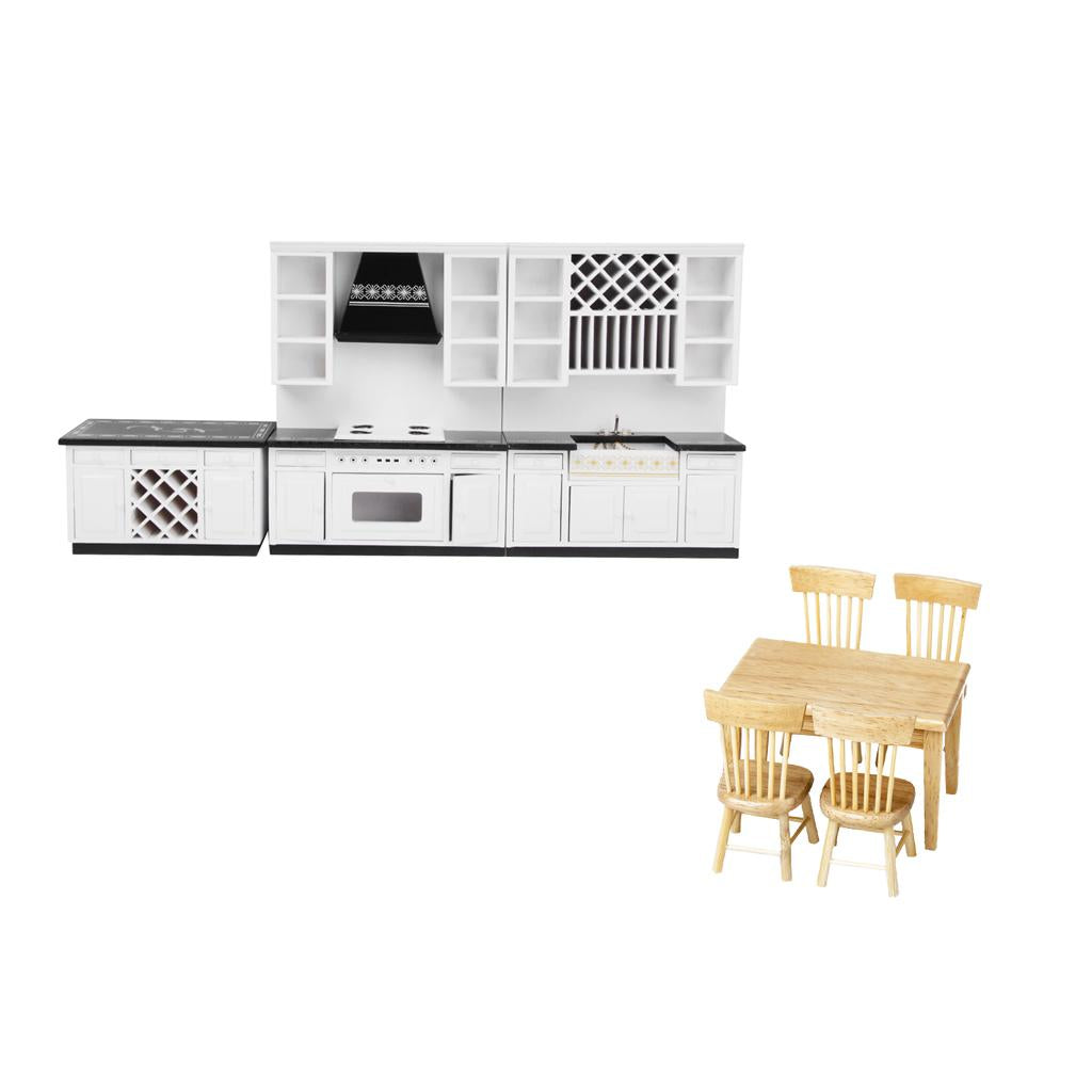 1:12 Dollhouse Miniature Dining Table & Chair + Deluxe Kitchen Furniture Set