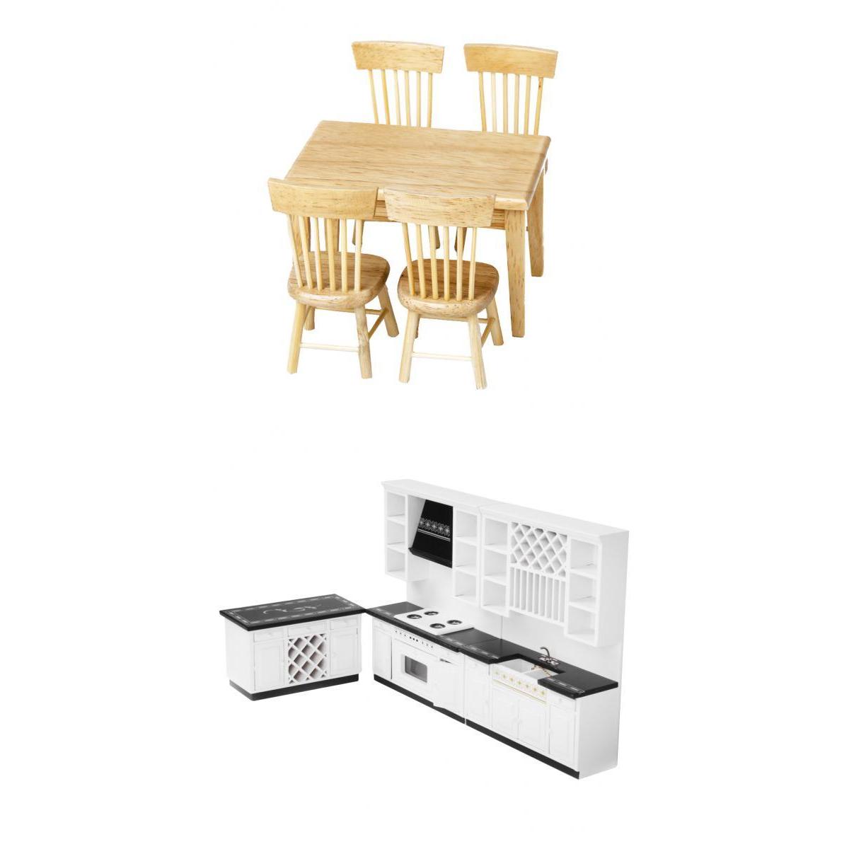 1:12 Dollhouse Miniature Dining Table & Chair + Deluxe Kitchen Furniture Set
