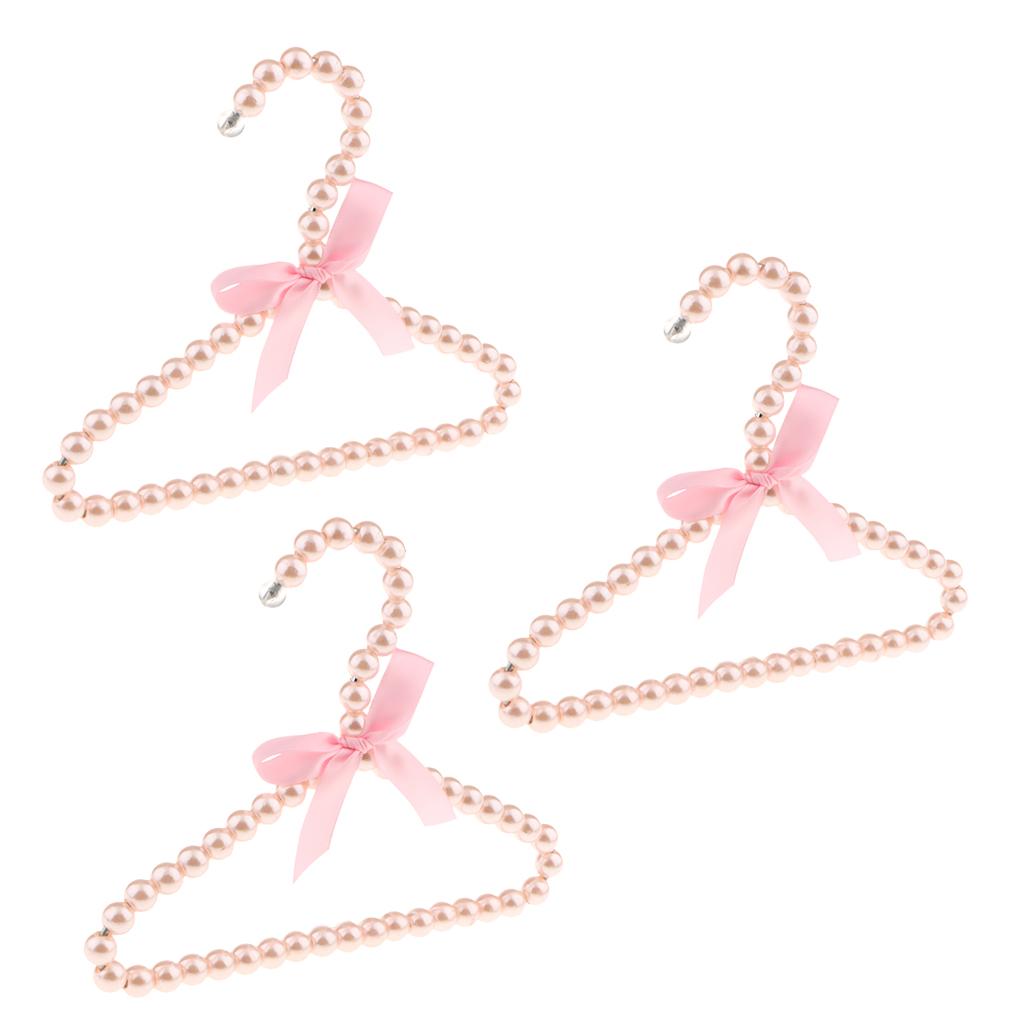 3Pcs 20cm Pearl Beaded Kids Clothes Hanger Coat Dress Pants Hook Holder Pink