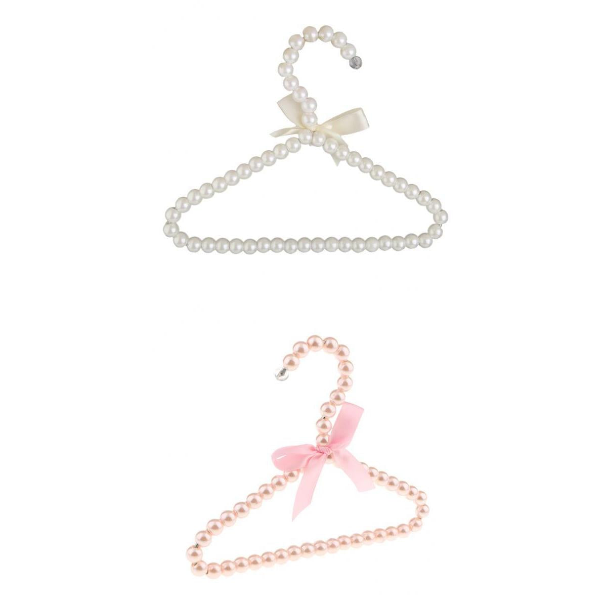 2Pcs 20cm Pearl Beaded Kids Clothes Hanger Coat Pants Hook Holder Pink+White
