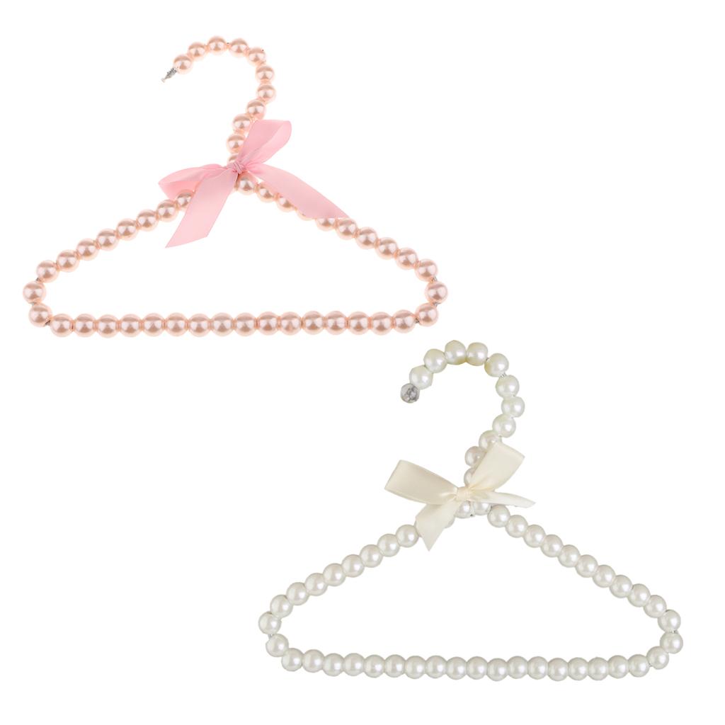 2Pcs 20cm Pearl Beaded Kids Clothes Hanger Coat Pants Hook Holder Pink+White