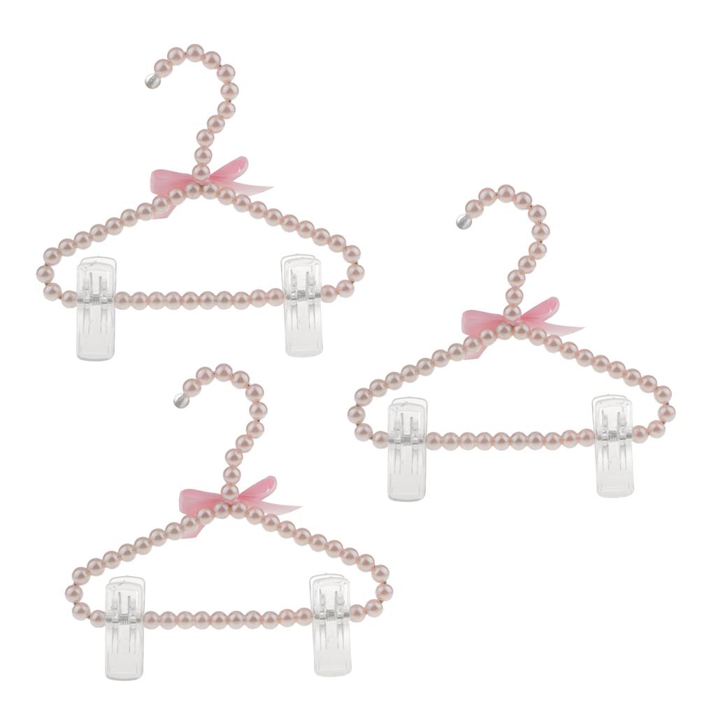 3Pcs 20cm Pearl Beaded Clothes Hanger Trousers Dress Holder with Clip Pink